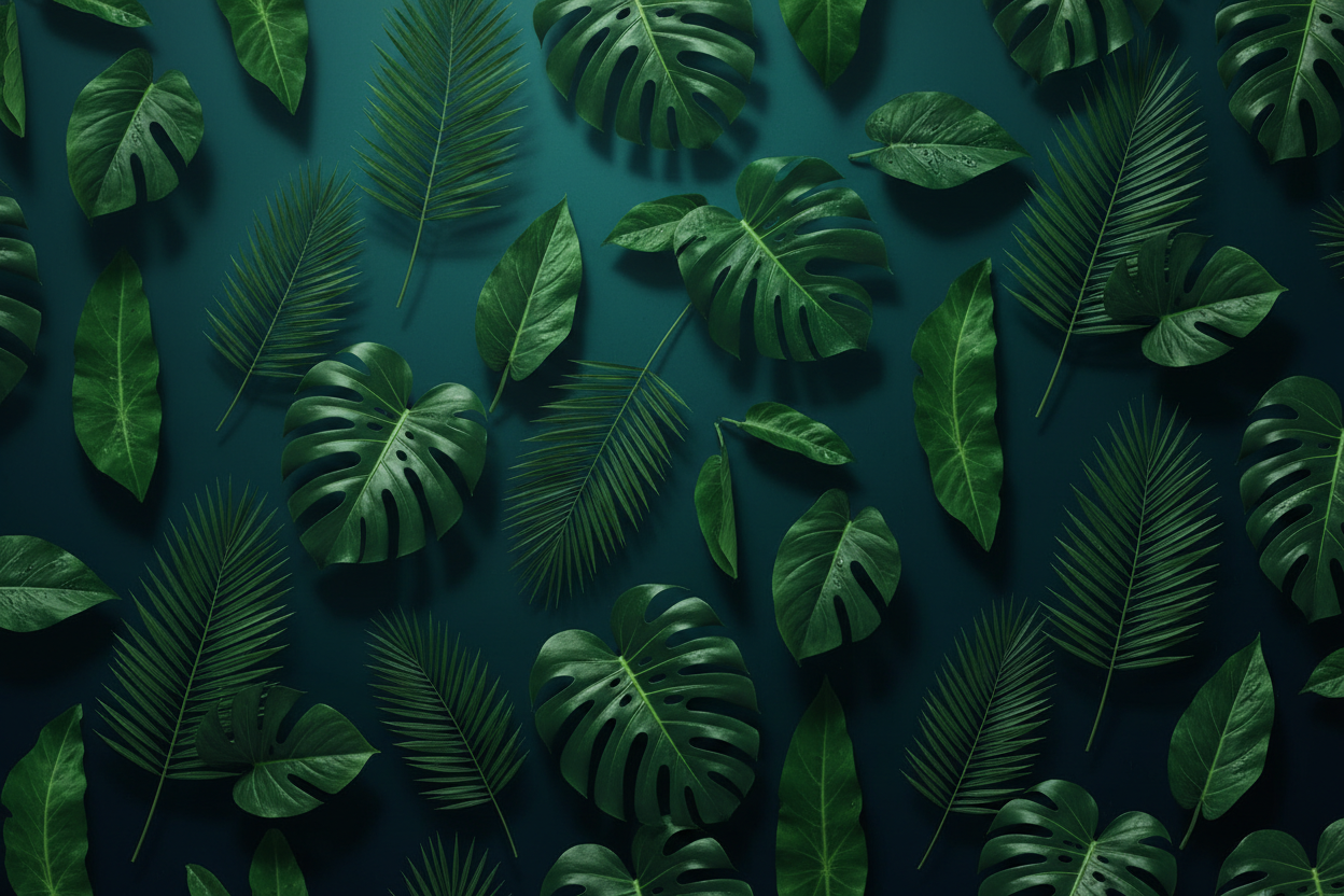 clean dark background in deep green and teal with tropical leaves uniform and realistic not cartoonish